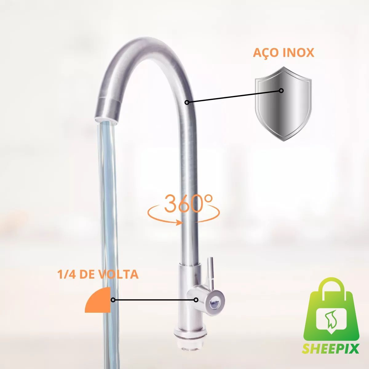 2b4709d6344c32b2e03fc6f3ba018f11.jpg Torneira Cozinha 1/4 De Volta 360º Aço Escovado - Imagem 2