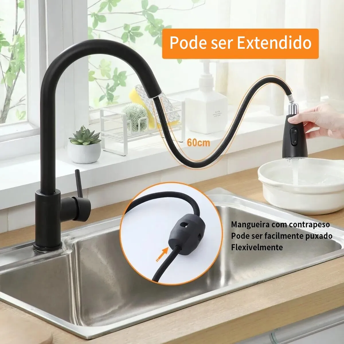 D_NQ_NP_2X_728572-MLB82726539182_032025-F-torneira-cozinha-extensor-preto-fosco-inox-304-monocomando Torneira Cozinha Monocomando Extensível Preto Fosco - Imagem 2